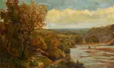 British, A landscape with trees on a hillside with a river in a valley below and extensive views beyond by Walter H.W. Foster, oil on canvas, sold Nov 2023