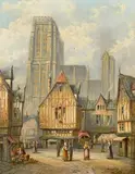 German, A pair of street scenes with figures in Abbeville and Louvain, oils on canvas, both inscribed by H. Schafer, oil, sold Nov 2023