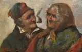 Italian, a fisherman and his wife in traditional clothing by Giuseppe Canella, oil on canvas, sold Nov 2023