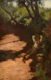 British, A young boy lying against a bank on a pathway beneath trees in the shade with his dogs by John White, oil on canvas, sold Nov 2023