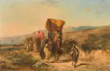 French, North African figures and a caravan of camels moving along a path with mountains beyond by Honoré Boze, oil on canvas, offered Nov 2023