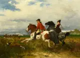 German, a lady and gentleman with their hounds chasing a deer through an open landscape by Julius Schgoer, oil on canvas, sold Nov 2023