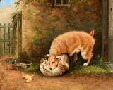 A dog and cat fighting in a farmyard by Alfred Moginie Bryant, oil on canvas, sold Nov 2023