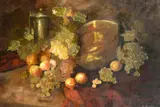 Danish, a still life of apples grapes and trailing vines by Edith Geert, oil on canvas, sold Nov 2023