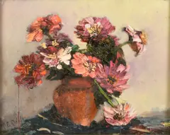 A still life of flowers in an earthenware pot by Mary E. Oddie, oil on canvas, sold Nov 2023