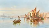 Italian, boats drying their sails on a Venetian lagoon by Michel Martino, oil on canvas, sold Nov 2023