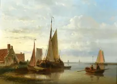 Anglo-Dutch, leeboard barges moored in an estuary by Abraham Hulk, oil on panel, sold Nov 2023