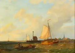 Vessels off a headland by Pieter Cornelis Dommersen, 1872, oil on panel, sold Nov 2023