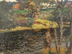 A gentleman salmon fisher on the banks of a churning river by Vereker Monteith Hamilton, oil on canvas, offered Nov 2023