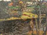 A gentleman salmon fisher on the banks of a churning river by Vereker Monteith Hamilton, oil on canvas, offered Nov 2023