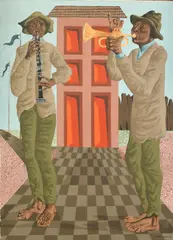 Brazilian, two figures playing wind instruments by Clóvis Graciano, 1973, oil on canvas, sold Nov 2023