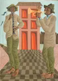 Brazilian, two figures playing wind instruments by Clóvis Graciano, 1973, oil on canvas, sold Nov 2023