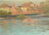 German, houses by a riverbank by Anna Löhr, oil on canvas, sold Nov 2023