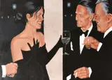 Swimming with Sharks' a black tie evening, gentleman chatting to a lady holding a glass of wine and wearing an off the shoulder LBD by Alistair Little, acrylic on canvas, sold Nov 2023