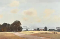 Figures on a country road approaching dwellings and a lake by Marcus Ford, oil on canvas, offered Nov 2023