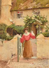 A young female figure holding a white bird outside a country cottage by Joseph Harold Swanwick, watercolor, sold Nov 2023