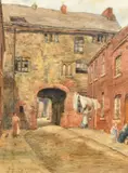 A female figure hanging out washing in a city street by Louisa Fennell, watercolour, sold Nov 2023