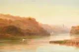 River landscape with distant view of a church by Arthur Henry Enock, watercolour, offered Nov 2023