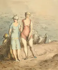 Female bathers by the sea with figures in deckchairs by Harold Hope Read, watercolour, sold Nov 2023