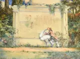 Young lovers in embrace sat by a classical by Alexander Brantingham Simpson, watercolour, offered Nov 2023