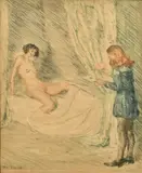 German, a reclining female nude and another figure by Otto Goetze, etching and aquatint, sold Nov 2023