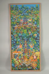 An Indonesian oil on canvass painting of a busy village scene by Ketut Soki, oil on canvas, sold Nov 2023