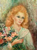 French School, portrait of a female figure holding flowers by Anna de Banguy, oil on board, sold Oct 2023