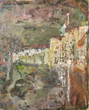 A view of buildings in a town by Rene Hamiot, oil on canvas, sold Oct 2023
