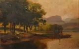 Figure on a rowing boat on a mountain lake by Henry Robinson Hall, oil on board, sold Oct 2023