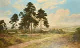 A shepherd driving his flock along a country path by Daniel Sherrin, oil on canvas, offered Oct 2023
