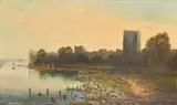 A riverbank view at dusk with a castle in the distance by Stanley Larpont Allan, oil on canvas, sold Oct 2023