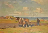 Danish, Early 20th Century, a figure and horses ploughing fields in a coastal landscape by Borge Nyrop, oil on canvas, sold Oct 2023