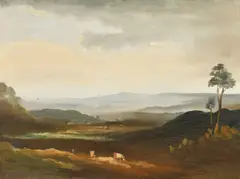 Extensive landscape with livestock in the foreground by Philip Hugh Padwick, oil on canvas, sold Oct 2023