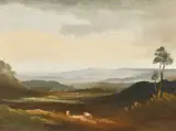 Extensive landscape with livestock in the foreground by Philip Hugh Padwick, oil on canvas, sold Oct 2023