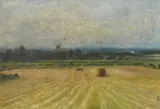 Figures loading a haycart in a sweeping landscape by Arthur George Bell, oil on panel, offered Oct 2023