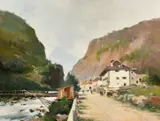 French, figures on a roadway beside a mountain river by Eugène Galien-Laloue, 1890, oil on canvas, offered Oct 2023