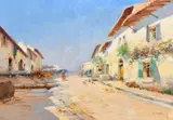 French, figure and chickens on a Southern village street leading to the sea by Eugène Galien-Laloue, oil on canvas, sold Oct 2023
