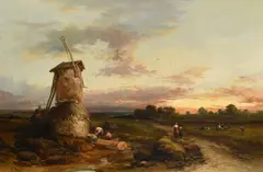 British, A rural landscape with figures by a windmill and workers in a field, a church beyond and the sun setting by Henry Bright, oil on canvas, sold Oct 2023