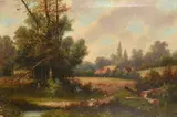 A landscape with a group of cottages, sheep and chickens in the fields and two figures collecting wood near a pond by William Yates Snr, oil on canvas, sold Oct 2023