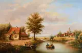 Figures in a rowing boat between traditional Dutch country homes by Leon Arie Feyen, oil on panel, sold Oct 2023