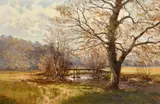 British, A wooden bridge over a stream with trees either side running through a field by Arthur Bevan Collier, oil on canvas, sold Oct 2023