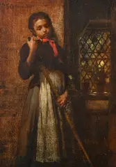A young chargirl resting with her broom by Frederick George Cotman, 1898, oil on panel, sold Oct 2023