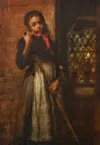 A young chargirl resting with her broom by Frederick George Cotman, 1898, oil on panel, sold Oct 2023