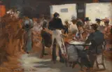 Across the Water' figures in a Continental Caf by William Douglas Almond, oil on board, sold Oct 2023