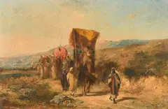 French, North African figures and a caravan of camels moving along a path with mountains beyond by Honoré Boze, oil on canvas, sold Oct 2023