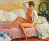 A female nude resting in her bedroom by Konstantin Razumov, oil on canvas, sold Oct 2023
