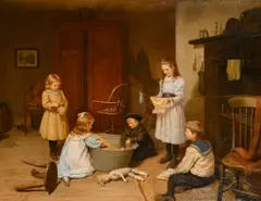Children playing around a bathtub in a cottage interior by Harry Brooker, 1900, oil on canvas, sold Oct 2023