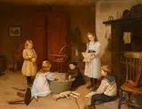 Children playing around a bathtub in a cottage interior by Harry Brooker, 1900, oil on canvas, sold Oct 2023