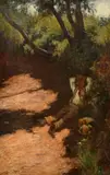 British, A young boy lying against a bank on a pathway beneath trees in the shade with his dogs by John White, oil on canvas, sold Oct 2023