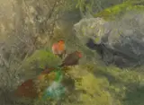 Swedish, two robins perched on mossy boulders by Mosse Stoopendaal, 1944, oil on canvas, offered Oct 2023